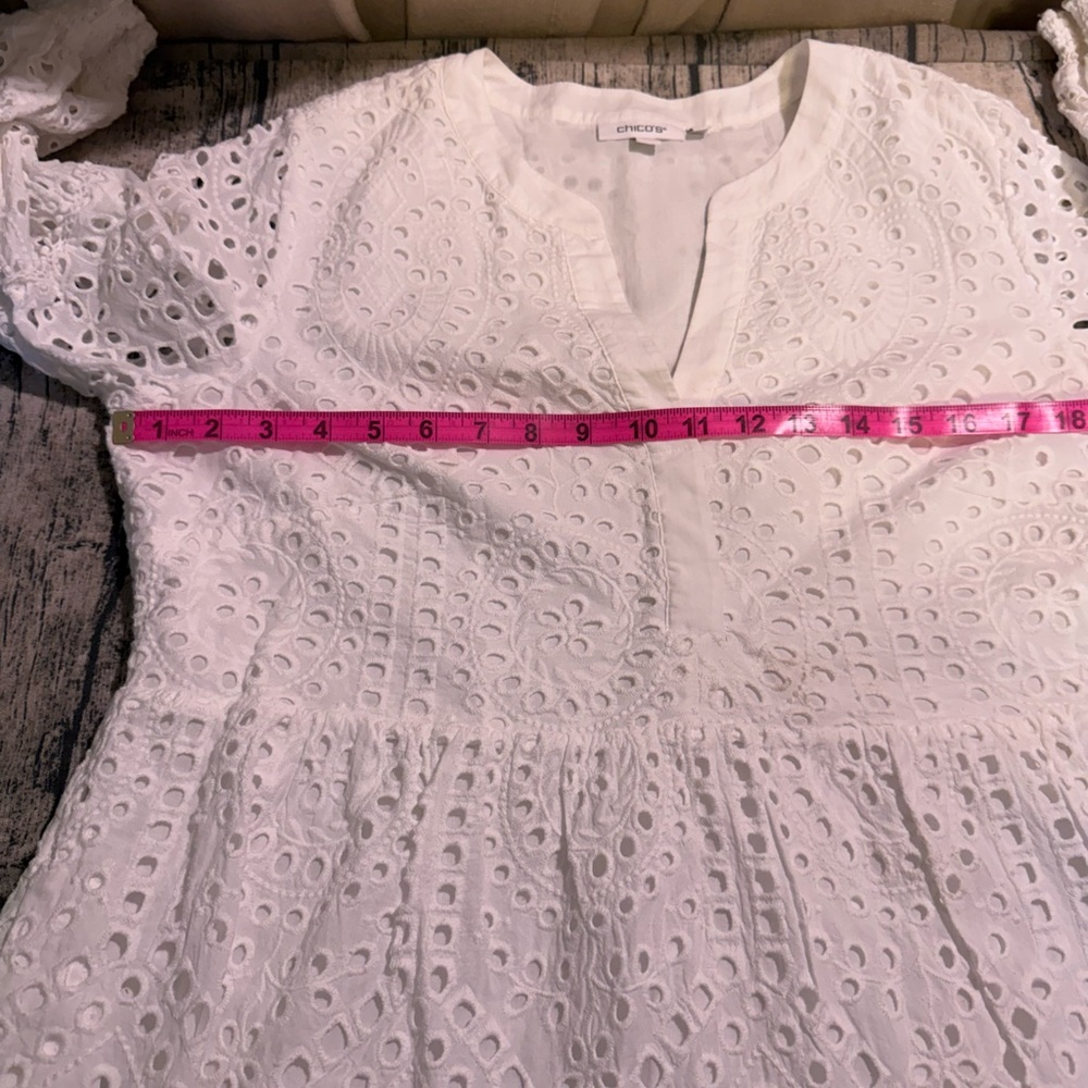 Chico’s White Eyelet Tiered V Neck Dress 12 Cottagecore Cotton Summer Spring - Picture 12 of 17